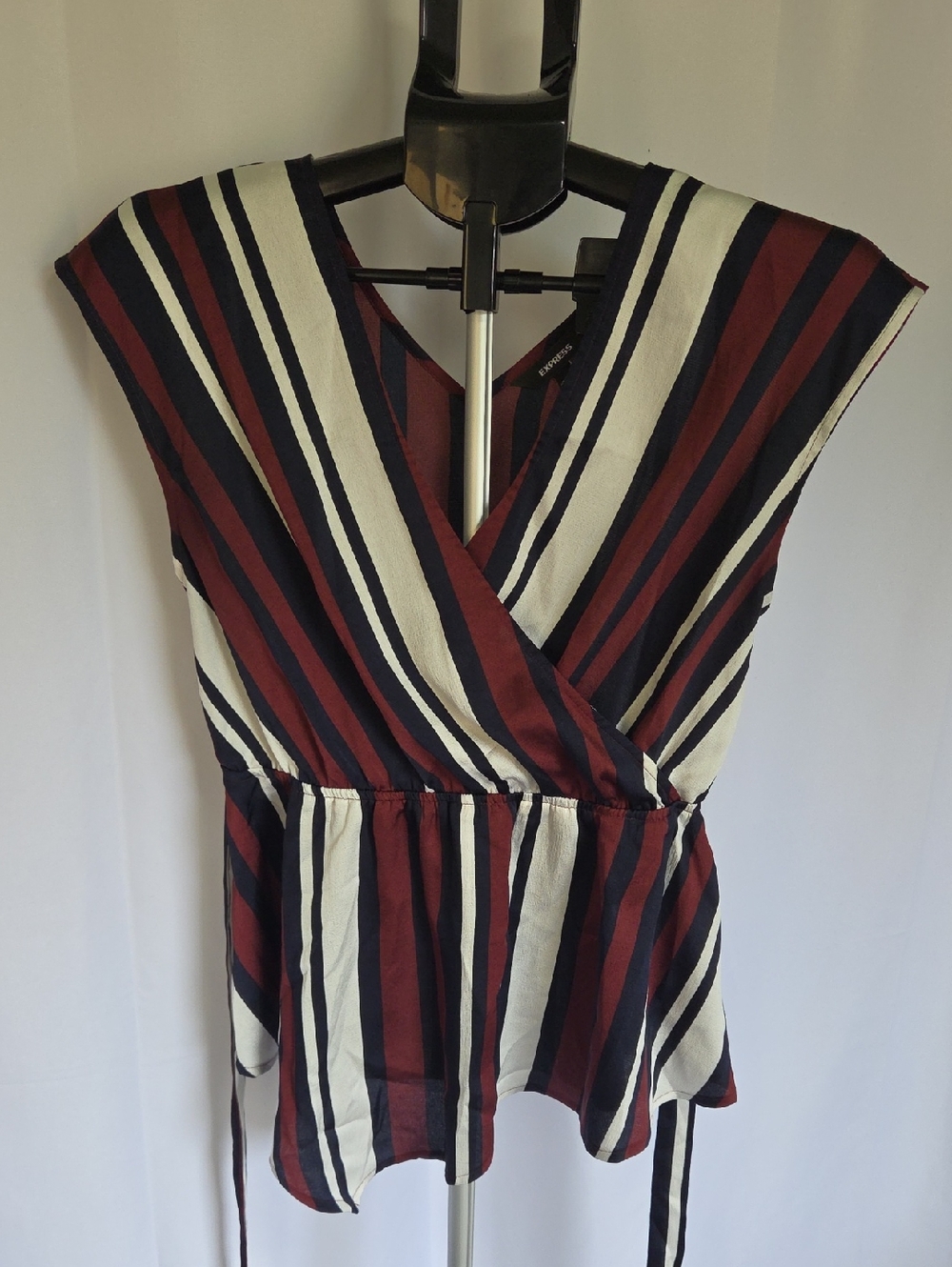 Express Striped Wrap Blouse in Burgundy, Navy & Cream